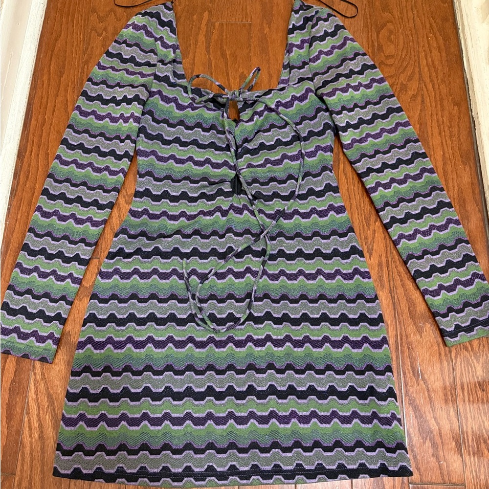 Zara Purple Green‎ Retro Stripe Long Sleeve Dress Size Small
